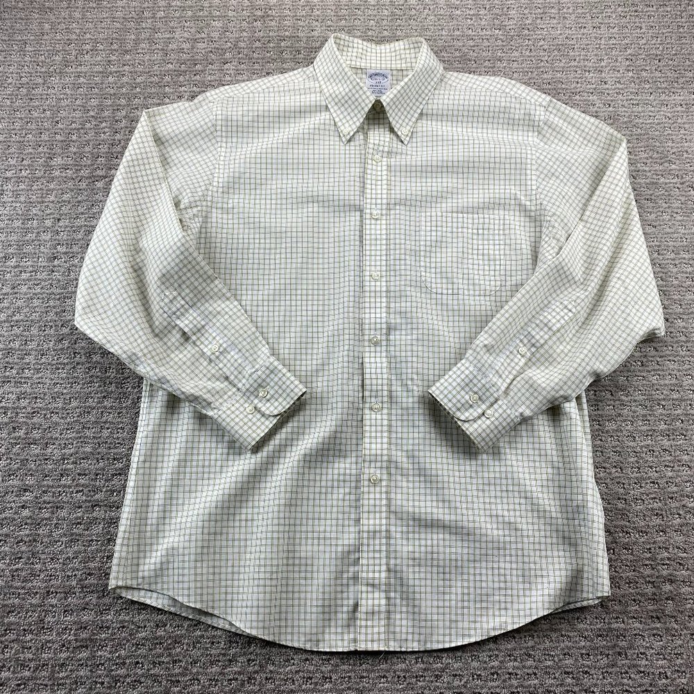 Brooks Brothers Regent Fit Shirt Men 16.5 - 2/3 1818 Beige Yellow Checkered Polo